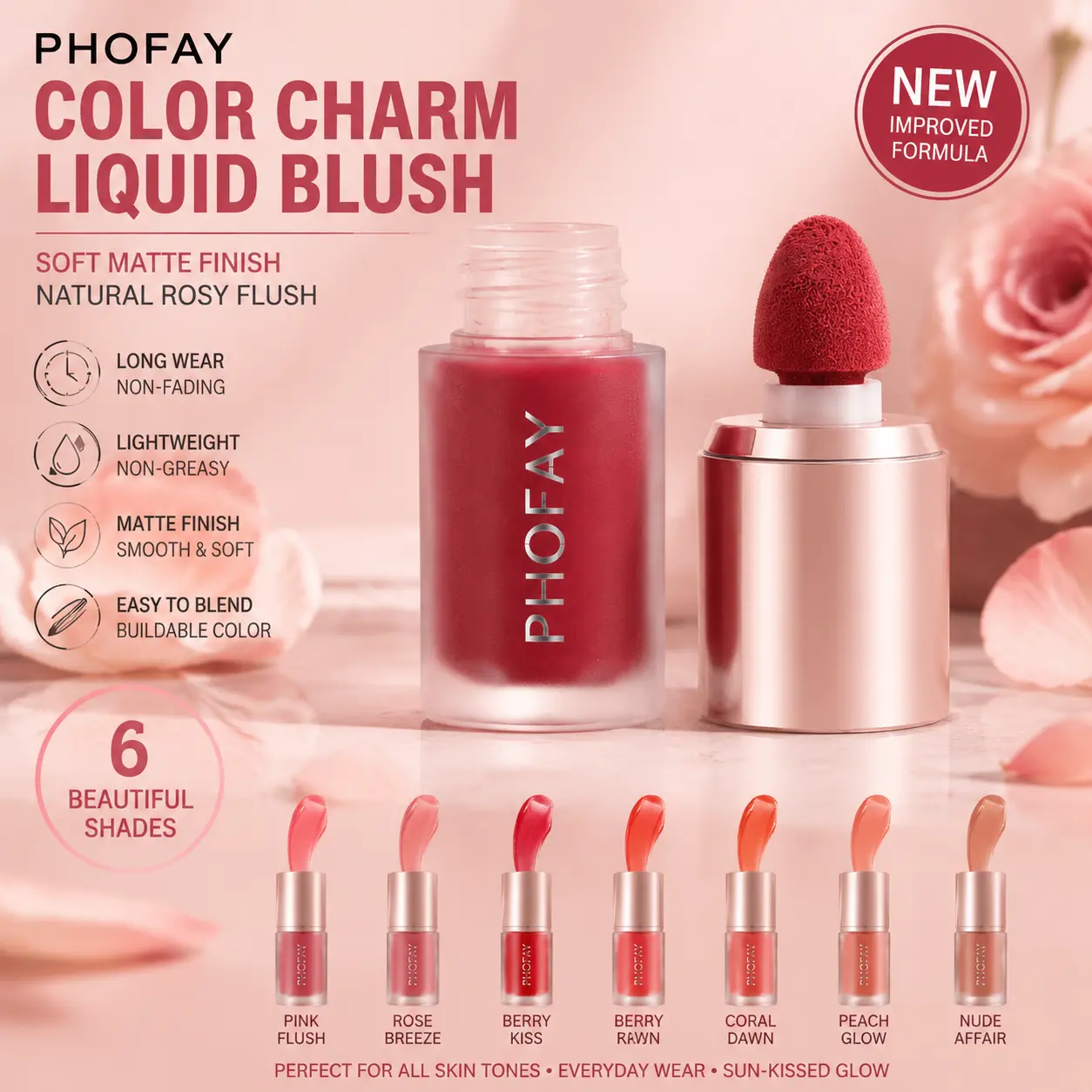 PHOFAY Color Charm Liquid Blush Liquid Mousse Blush Makeup Viral Blush for Women Soft Matte Cream Cheek Tint with Cushion Sponge Applicator Natural Rosy Flush Color Long Wear Non Fading Formula Lightweight Non Greasy Texture Easy Blend BuildableBrush