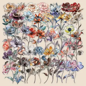 50 Sheets of Silver-stamped Retro Floral Flower and Leaf Stickers in Transparent PET Material. Suitable for Waterproof Decoration on Cellphone, Suitcases, Phone Cases, Laptops, Helmets, Skateboards, and Other DIY Creative Stickers.