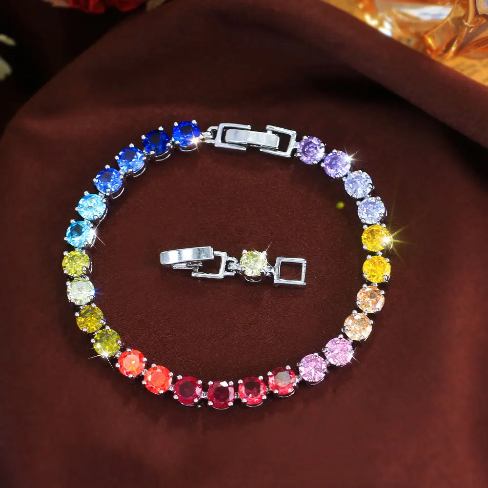 Women's 5A Zircon Rainbow Full-Stone Round Crystal Bracelet - Colorful Casual Trendy Jewelry, Elegant Exquisite Bangle for Commuting, Party, Birthdays, Colorful Bracelets, Glossy Bangle, Elegant Bangle