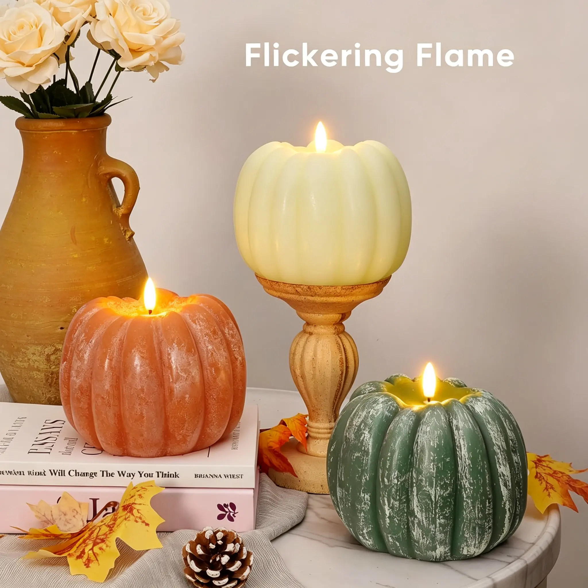 Rechargeable Fall Flameless Pumpkin Candles Flickering with Remote, Real Wax LED Pumpkin Shaped Candle with Timer, Fall Decor, LED Autumn Pumpkin for Home, Farm, Thanksgiving, Harvest, Centerpieces, Halloween