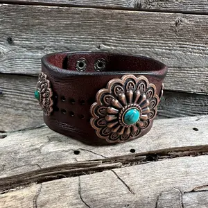 Copper Floral Leather Bracelet LB106 - Brown Leather with Dots Pattern & Turquoise Center Conchos Adjustable 7.75" to 8.25"