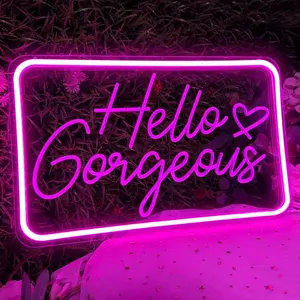 ROSNEK Pink Hello Gorgeous Neon Signs Hello Beautiful Bedroom Neon Sign Light LED Neon Sign for Background Wall Decor Family Weddings Birthdays Neon Light USB Powered With Dimmable Switch,summervibes