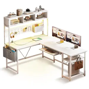 Sikaic 57.5 Inches Reversible L Shaped LED Gaming Desk with Power Outlet White