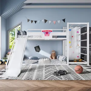 Twin size metal loft/bunk bed with basketball hoop, pull-up rings, climbing wall, and built-in bookshelves.Playful children's design featuring a slide,White