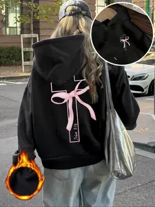 Women's Casual Cross Bow Butterfly Print Hoodie, Loose Fit Long Sleeve Sweatshirt with Pockets, Winter Warm Inner Lining