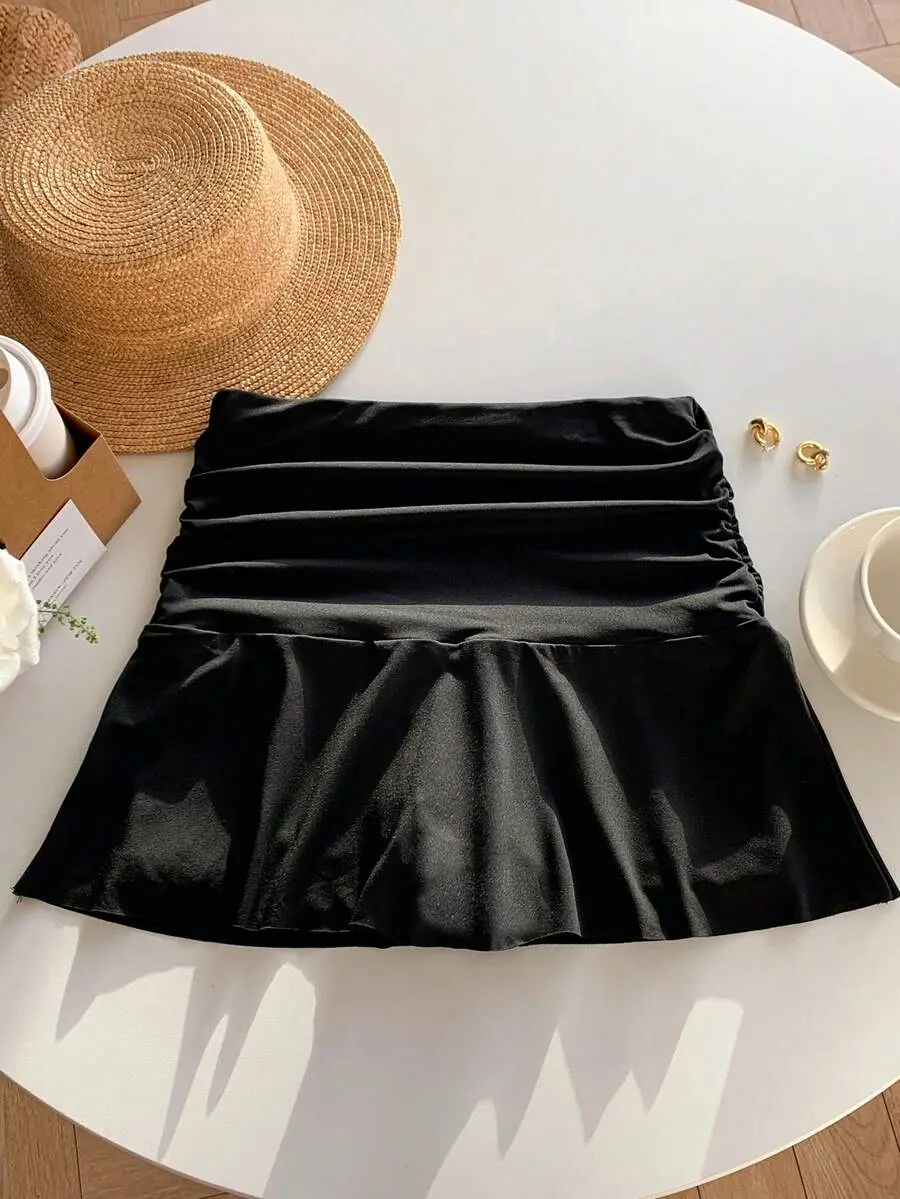 EZwear Women Solid Ruched Ruffle Hem Mini Skirt