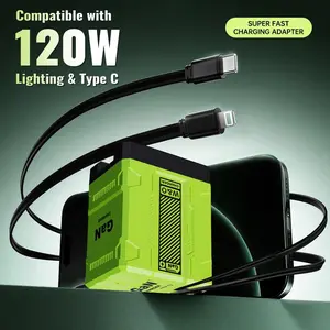 Practical 2-in-1 GaN compatible 120W fast charging, portable adapter with expandable Type-C & Lightning Cable, suitable for multi device users of iPhone 16, iPad MacBook and folding cart
