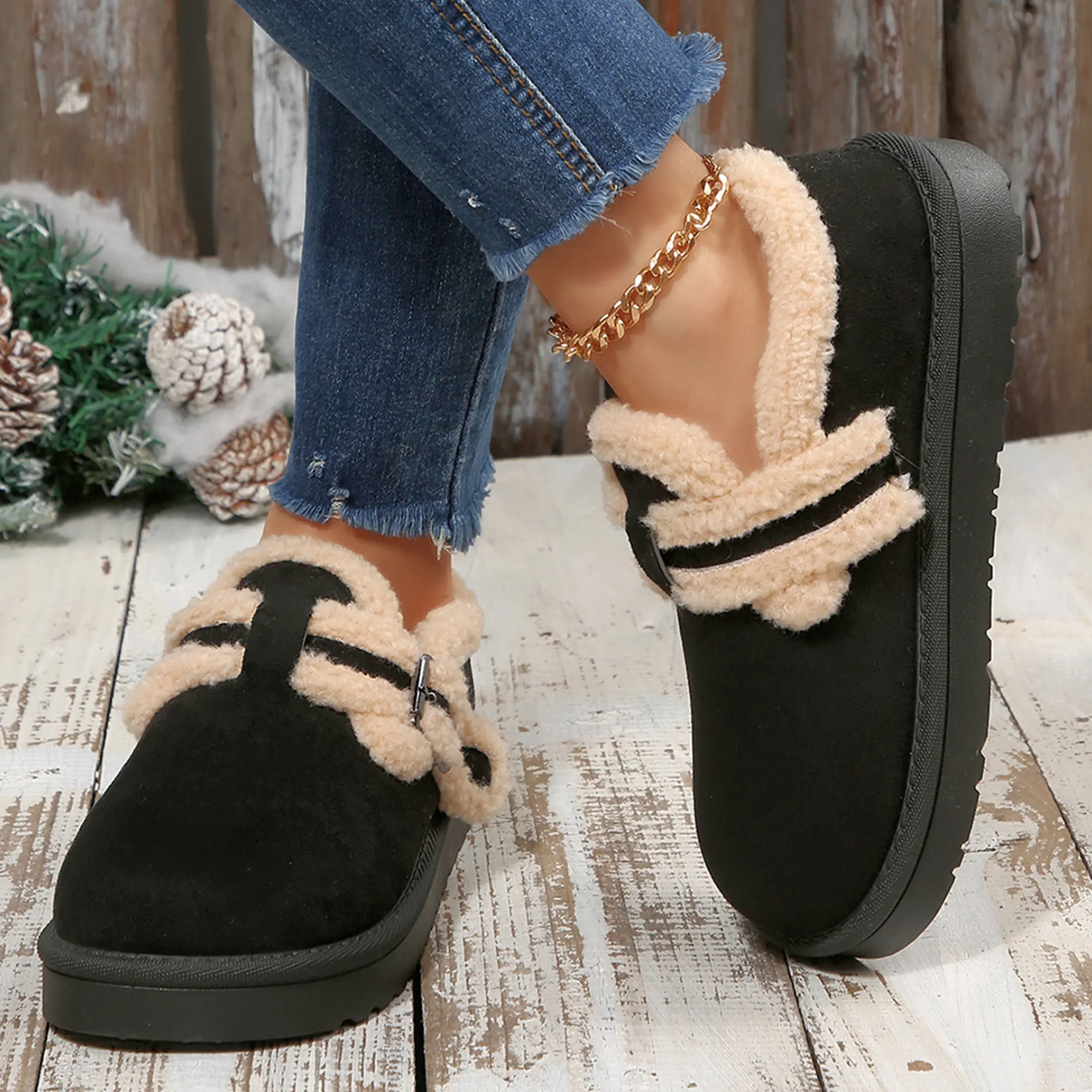 Women's Comfy  Loafers Thick Sole Plush Loafers Buckle Design Warm Winter Casual Indoor Outdoor Shoes