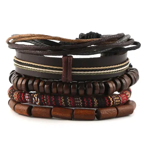 HZMAN Mix 5 Wrap Bracelets Men Women, Hemp Cords Wood Beads Ethnic Tribal Bracelets, Leather Wristbands Boho Style Jewelry Trendy Stack Bangle Beaded Bracelet Adjustable Stack Bracelets