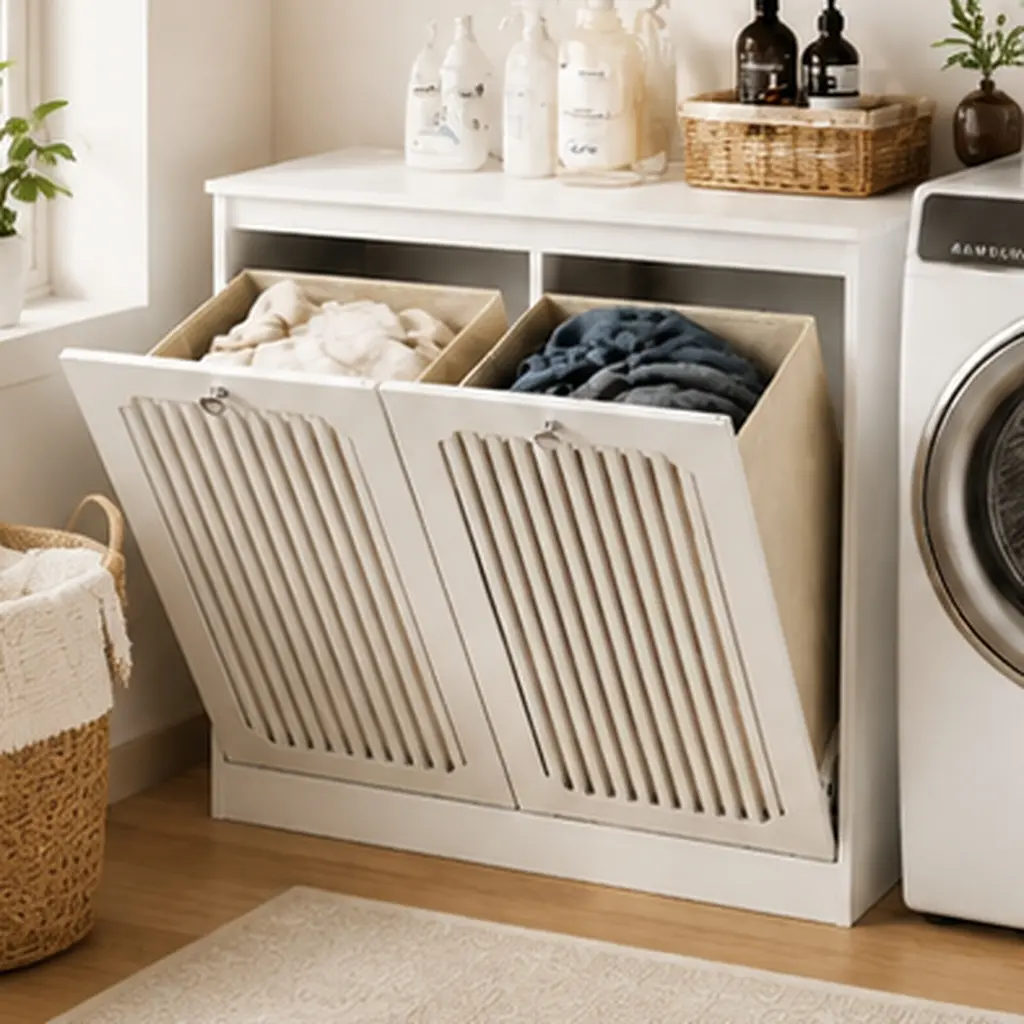 White Freestanding Laundry Hamper Cabinet with Louvered Tilt-Out Door, Double Fabric Baskets, Moisture-Resistant MDF and Particle Board, Floor Storage Organizer for Bathroom, Laundry Room, Balcony, Entryway, 13.77"W x 25.98"D x 29.92"H
