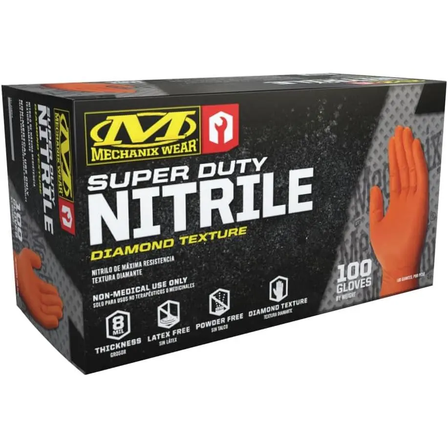 8 Mil Nitrile RDT Disposable Heavy Duty Industrial Work Mechanic Sports Gloves - Imported, Oil Proof, Chemical Resistant, Non-Slip, Latex-Free, Powder-Free, High Dexterity, Raised Textures, Durable - Large, Orange, 100 Pack