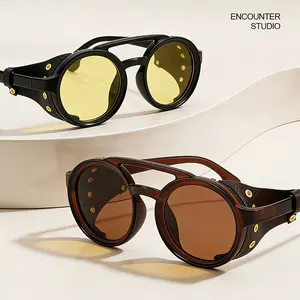 Men's Retro Polarized Round Sunglasses Motorcycle Riding Night Vision Goggles Windproof Sandproof UV Protection Sunglasses Pilot Style Driving Shades Unisex