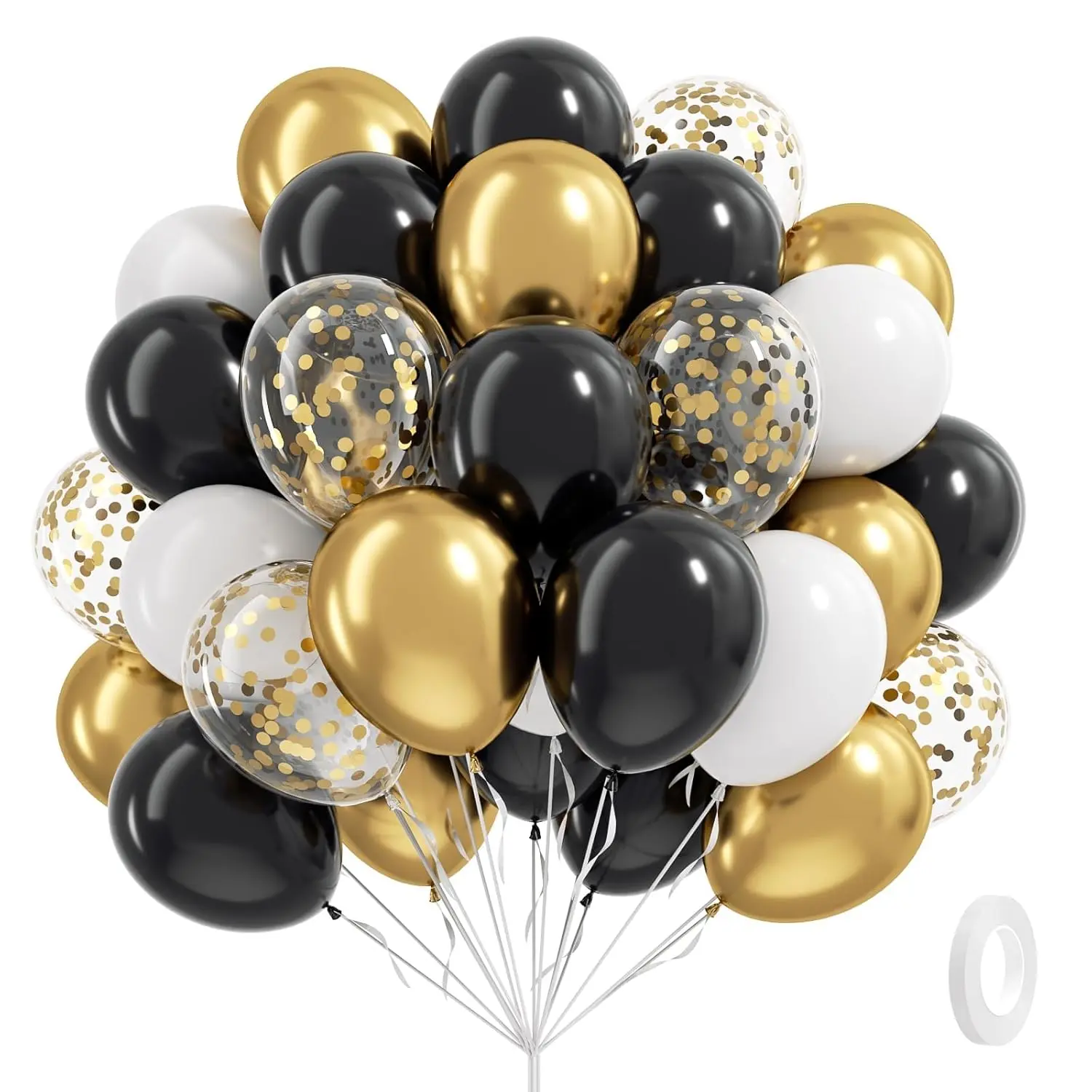 60-Piece Black, White & Gold Confetti Balloon Set for Graduation, Anniversaries & Birthday Decor