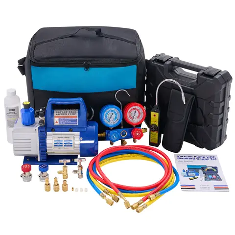 Sweetcrispy 110V 1/3 HP 4CFM Single-Stage Vacuum Pump Kit, R134a Manifold Gauge Set, Leak Detector, 1/4" Hoses, Carry Bag for HVAC AC Refrigerant Work, ETL Listed 1/3 hp pump
