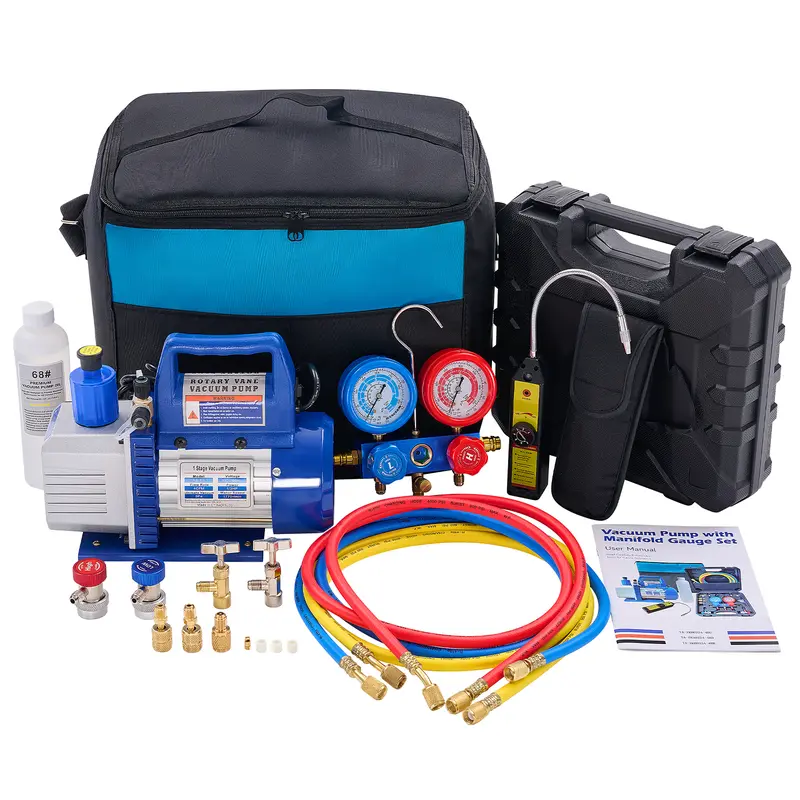 Sweetcrispy 110V 1/3 HP 4CFM Single-Stage Vacuum Pump Kit, R134a Manifold Gauge Set, Leak Detector, 1/4" Hoses, Carry Bag for HVAC AC Refrigerant Work, ETL Listed 1/3 hp pump
