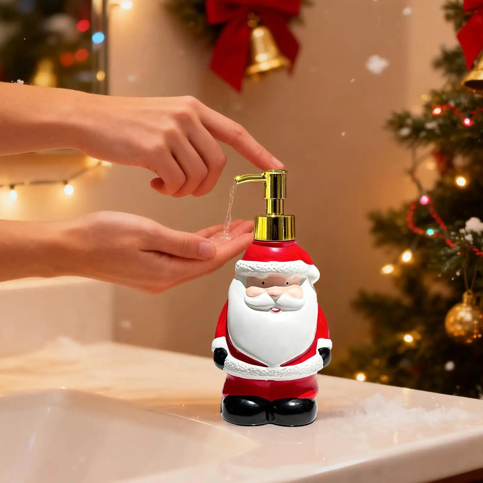 Ceramic Resin Santa Claus Soap Dispenser - 250 ml Ergonomic Slim-Profile Shelf-Mountable Home Bathroom Accessory, Elegant Gold Accent, Festive Decorative Fade-Resistant Holiday Gift for Restroom Sinks