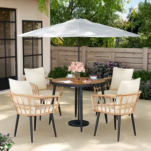 Pamapic 5-Piece 4-Seater Wicker Rattan Patio Furniture Set, Outdoor Dining Set with Wood Table Top, All-Weather PE Rattan, Cream, Washable Table & Chairs, Wicker Rattan Set