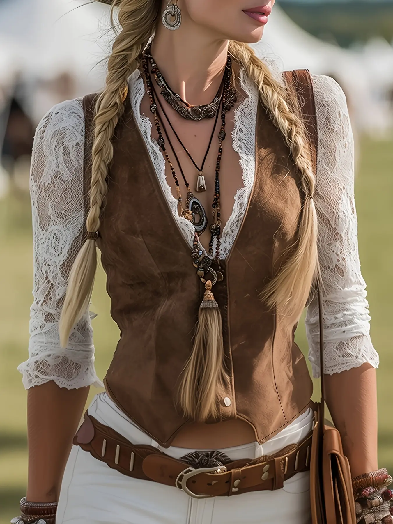 Women's Western 2-Piece Top Set - Elegant Brown Blouse with Romantic Lace Sleeves, Patchwork Vest, Lady's Western Blouses