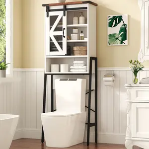 Over The Toilet Storage Cabinet, Above Toilet Storage Cabinet with Adjustable Shelves and Barn Door, Farmhouse Behind Toilet Bathroom Organizer for Bathroom, Laundry Room, Off-White