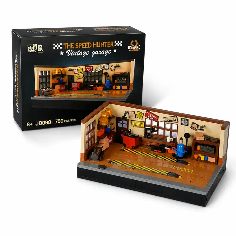 Vintage Garage Brick Building Set (750PCS) - Unisex Retro Repair Shop with Working Car Lift, Tools, Barrel & Jack Props, Display-Ready Scene, Ages 6-8/8+, Birthday Gift for Building Enthusiasts (Cars Not Included)