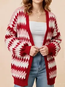 Red and Pink Diamond Pattern Oversized Chunky Knit Cardigan Sweater