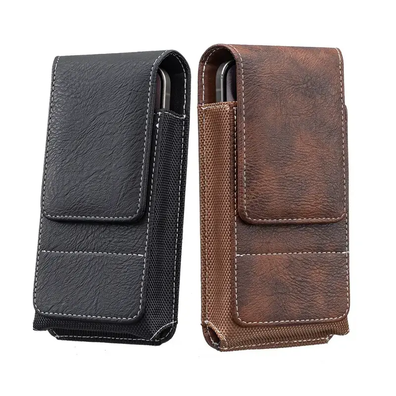 Vertical Waist Phone Bag for Middle Aged and Senior Men, Universal Multi Size Belt Pouch with Secure Zipper and Durable Fabric, Brown and Black Hands Free Phone Holder for Walking, Travel, Outdoor Activities and Daily Carry Essentials