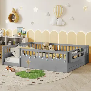 Full Size Floor Bed Frame with High Rails, Wood Montessori Floor Beds with Light and Storage Bookshelf