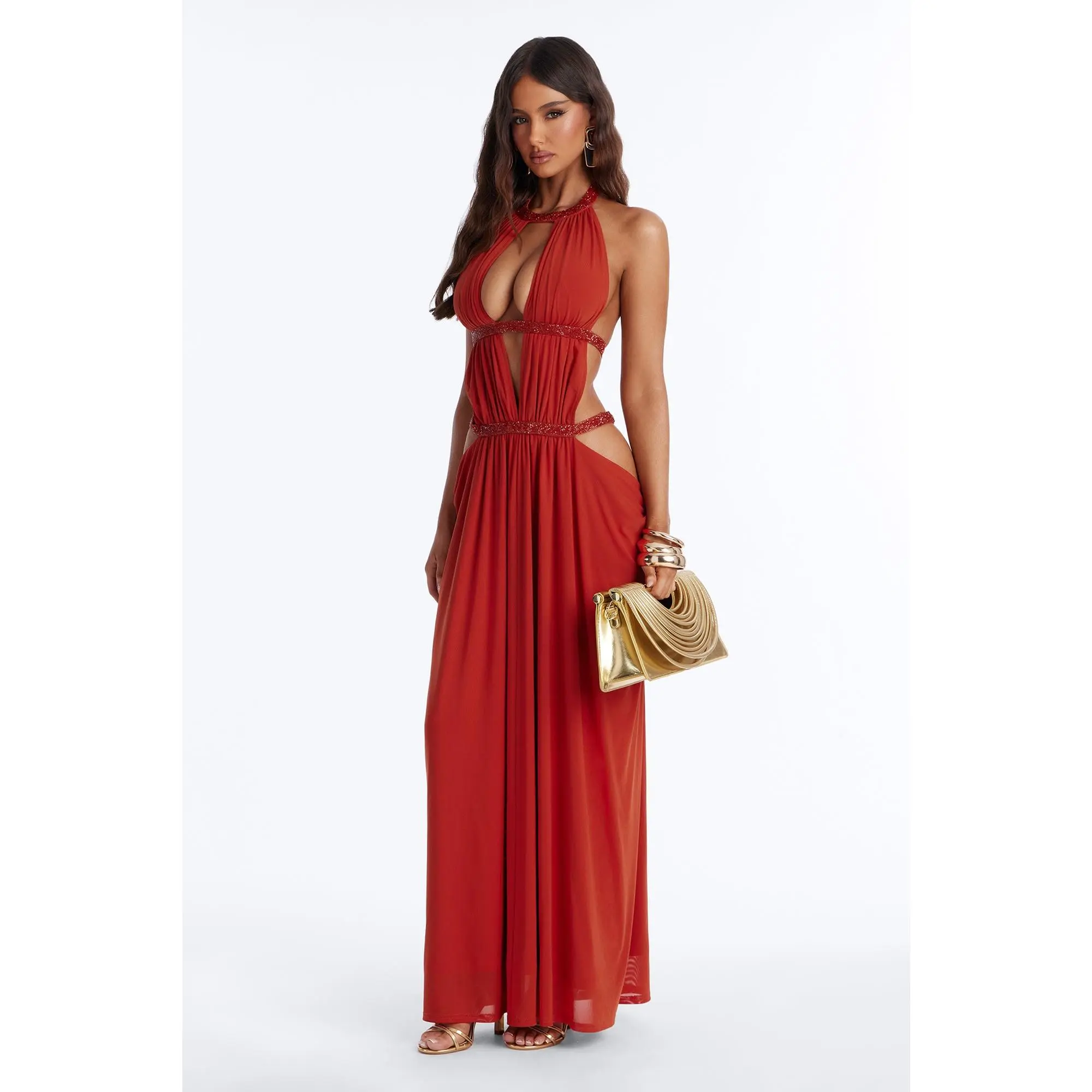 Can't Get Enough Cut Out Embellished Maxi Dress - Orange