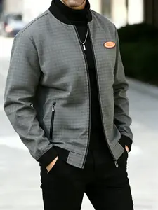 Men's sports and leisure jacket, 100% polyester fiber, zipper closure - zipper pocket design, fashionable and versatile baseball collar jacket, checkered fabric, machine washable, suitable for daily and casual sports wear - spring and autumn seasons