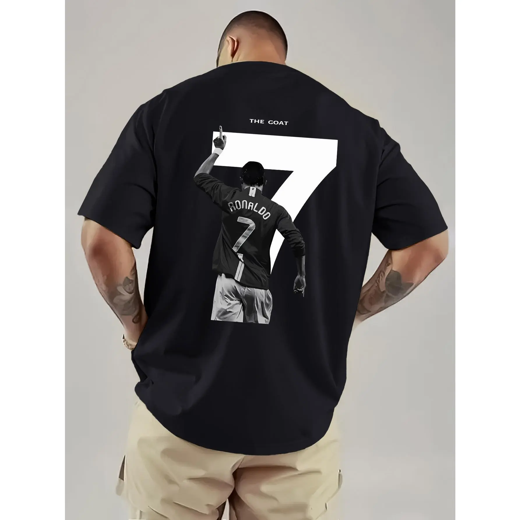 Men's Custom CR7 Cristiano Ronaldo Jersey-Style Graphic Knit Top - White, No.7 Back GOLAZO Print, Smooth Seamless, Loose Fit Casual Short Sleeve, Breathable Cotton-Polyester Sports Top, Machine Washable Football Fan Apparel