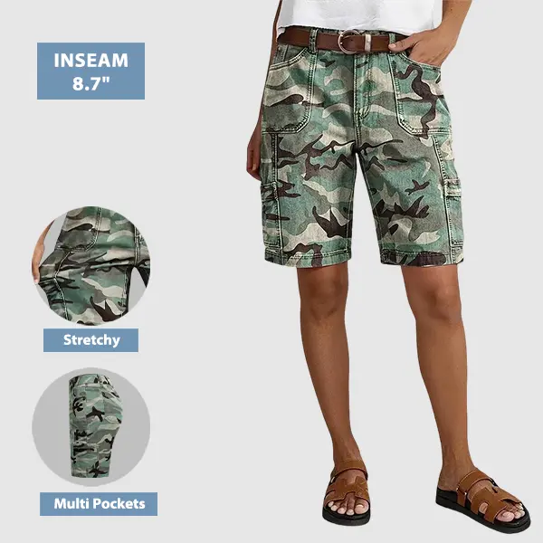 Flamingals Camo Print Patch Pocket Mid Rise Bermuda Shorts Without Belt Womenswear Stretchy 8.7" Inseam
