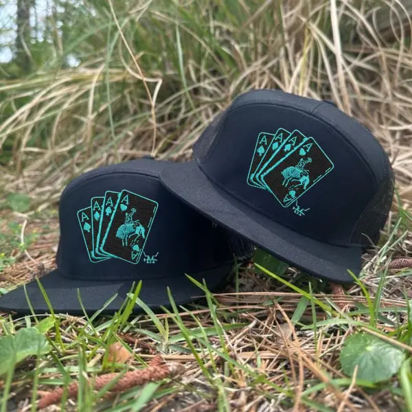 Turquoise Gambler Trucker Hat | Playing Cards Cowboy 7 Panel Hat | Ace Card Western Mesh Snapback Hat | Rodeo Gambler Flat Bill Cap | Country Casino Style Hat | Cowboy Poker Gift Hat | Southern Streetwear Cap For Men Women