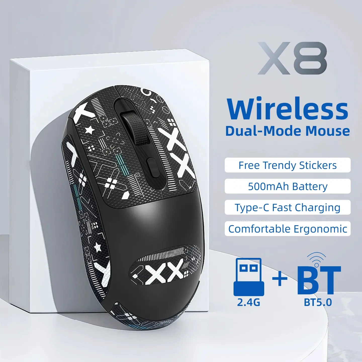 Rechargeable Wireless Gaming Mouse with Street Graffiti Sticker Set - Dual-Mode 2.4G + Bluetooth 5.0 Connection, Lightweight Fast-Response, Silent Clicks, Built-in LiPo, Ergonomic Grip for Work & Study