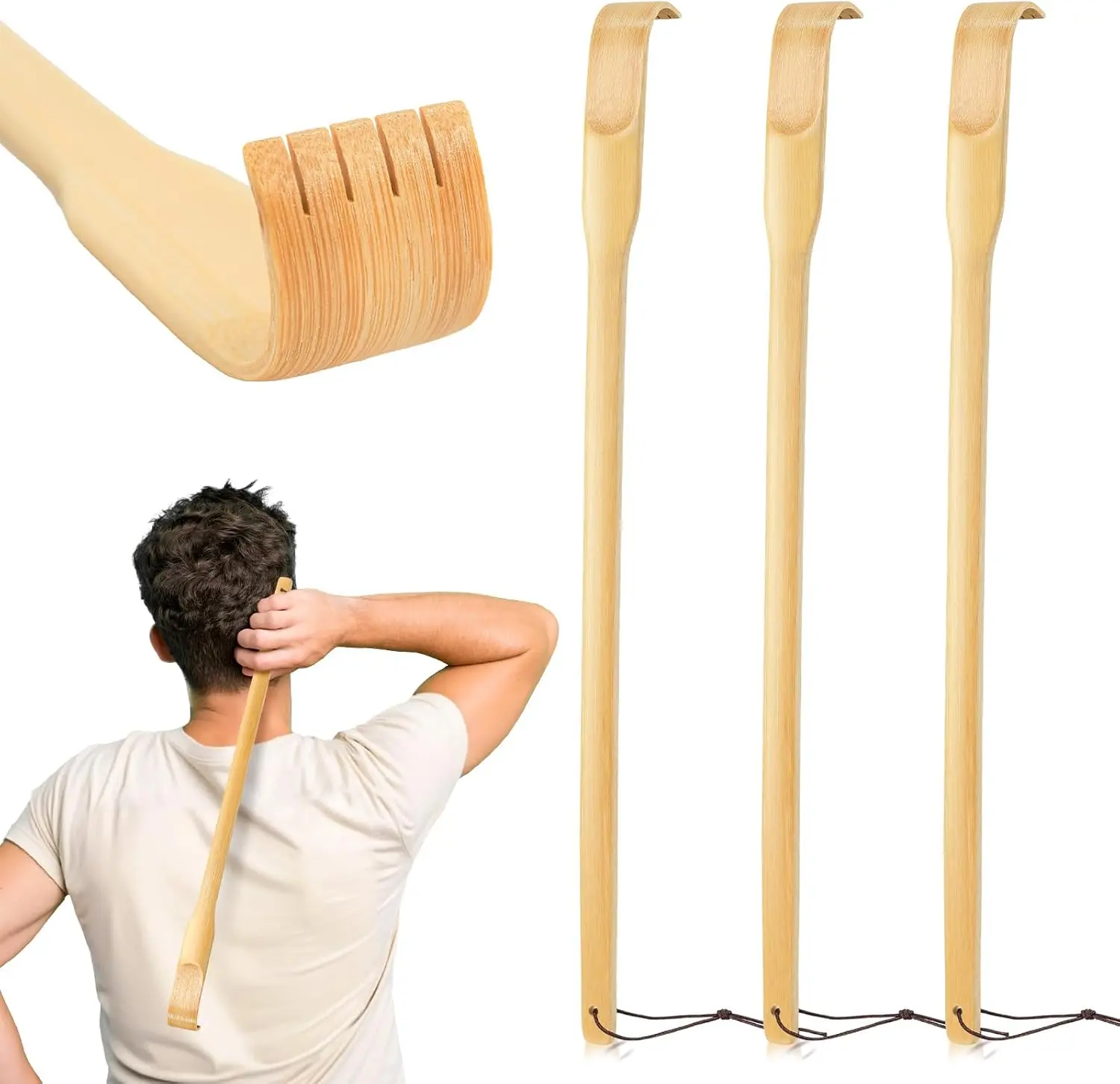 16.5" Bamboo Back Scratcher 3 Pack - Strong Wooden Self-Massager for Itch Relief, Best Gift for Pregnant Women, Elderly & Anyone Who Needs Longer Reach