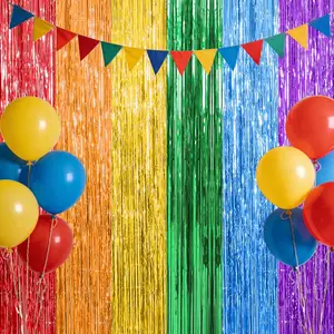 2 Pack Rainbow Foil Fringe Curtains - 3.3x6.6 ft Colorful Tinsel Streamers Backdrop for Birthday, Pride Party, Photo Booth, Wedding & Holiday Decorations