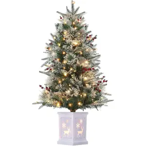 【Christmas Gift】Small Christmas Tree with Lights 4 Ft 4 Foot Christmas Tree Pre lit with 100 LED Lights 4 Ft Christmas Tree Prelit with Red Berries Clusters and Hinged Branches