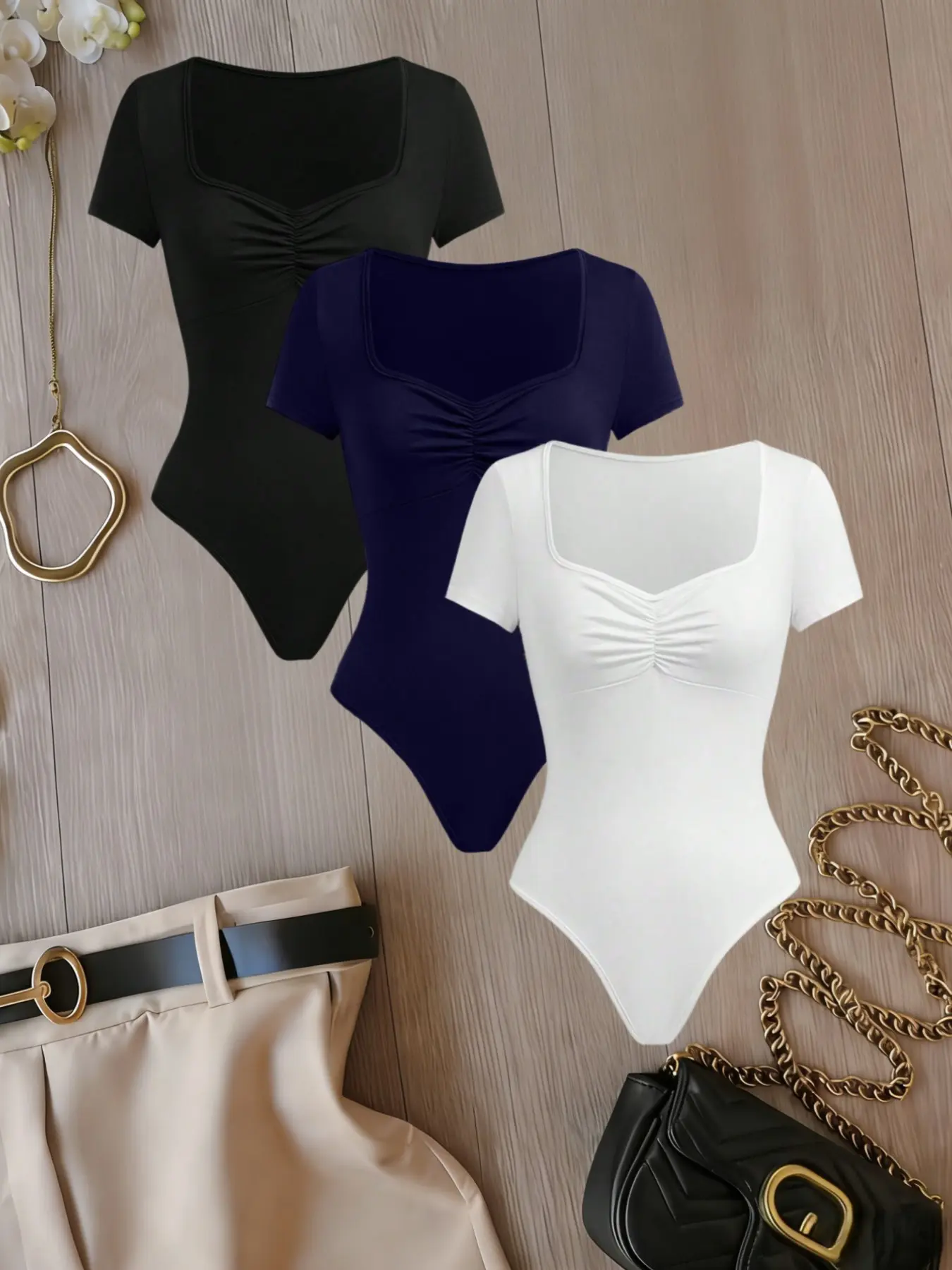 Elegant Chic Square Neck Ruched Short Sleeve Jumpsuit Set, Slim Fit Solid Color Bodycon Top, Trendy Western Style Casual Three-Piece