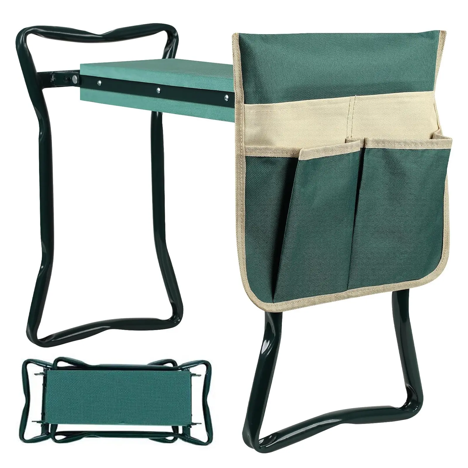 Heavy-Duty Foldable 2-in-1 Garden Stool - EVA Widened Thick Knee Pads, Detachable Tool Bags, 24in Kneel Room, Portable Outdoor Furniture for Gardening Seniors, Thoughtful Gift for Enthusiasts