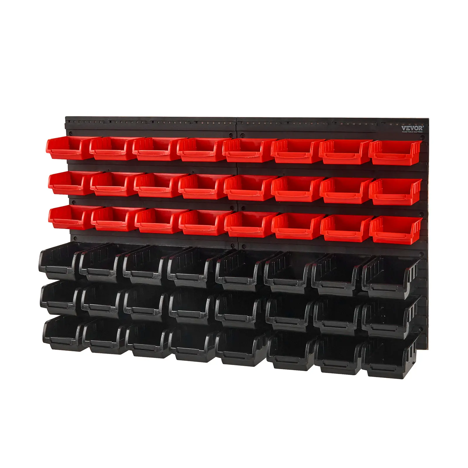【summerfinds】VEVOR Wall Mounted 48-Bin Durable Plastic Organizer Storage, Adjustable Garage Storage Parts Rack with Wall Panels for Nuts, Bolts, Small Parts, Black & Red Tool Organizer for Garage Shop, Boxes, Multifunctional Storage Bin