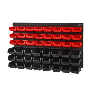 VEVOR Wall Mounted Storage Bins, 48-Bin Parts Rack Organizer Garage Plastic Shop Tool with Wall Panels, Tool Organizer for Nuts, Bolts, Screws, Nails, Beads, Buttons, Other Small Parts, Black and Red Boxes Laundry