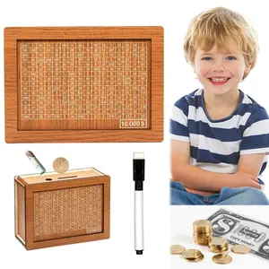 Cash Vault Wooden Savings Box, 10000 Savings Challenge Box Coin Counter Piggy Bank, Wooden Cash Savings Box with Money Target and Numbers For Adults Kids Cash Coin Jar Brown