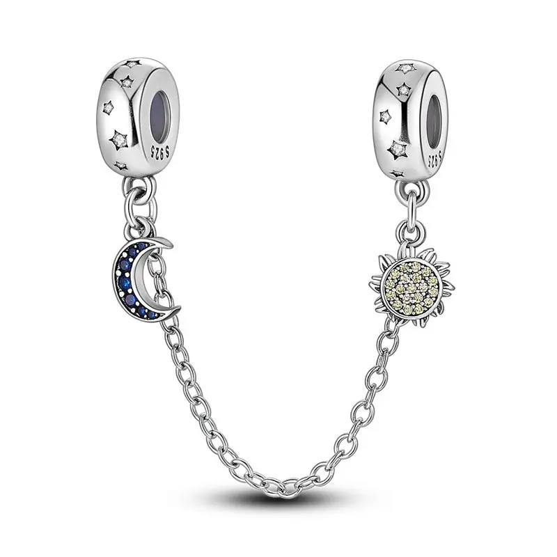 S925 Sterling Silver Charms & Pendants, Celestial Star Moon Safety Chain, Jewelry Accessories for Women, Valentines Day Birthday Gift, Diy Accessory, Female, Celestial Aesthetic, Valentine’s Day, Celestial Stars