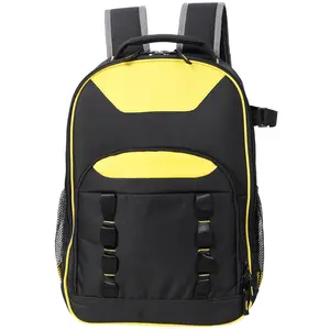 Heavy Duty 600D Oxford Cloth Tool Backpack, 14.5x17x18.8in Black-Yellow Construction Worker Bag, 25KG Load Capacity, Multi-Pocket with Detachable Divider, Ergonomic Padded Back, Laptop & Power Tool Compartment for Electrician Maintenance, Heavy-Duty Tool