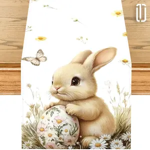 1pc Charming Rabbit & Floral Spring Table Runner - 13x72 Inch, Linen, Machine- | Perfect for Easter & Seasonal Holiday Decor | Ideal for Indoor & Outdoor Dining Tables, Rabbit Accessories, Tablecover decor