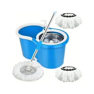 Spin Mop And Bucket Set, Mop And Bucket With Wringer Set, 360 ° Spin Mop Kit With 2 Extra Microfiber Mop Replacement Heads, Spinning Mop Bucket System For Floor Cleaning (Blue)