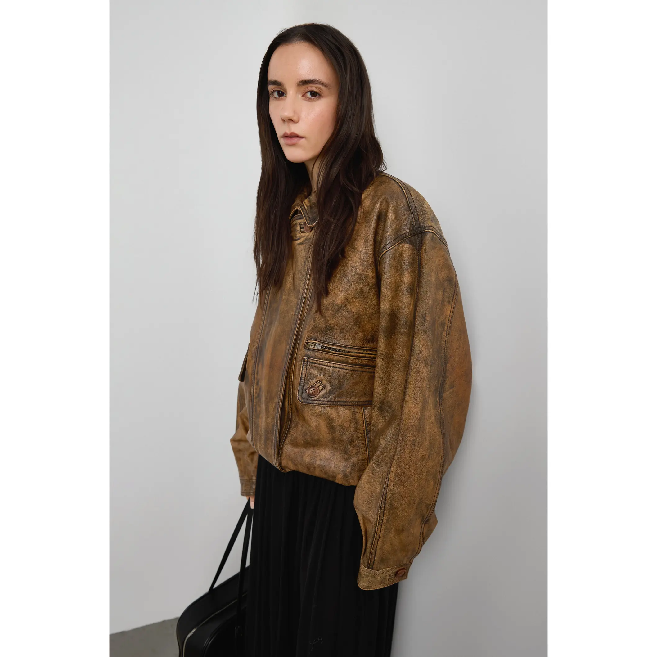 GENUINE LEATHER BROWN DISTRESSED BOMBER JACKET