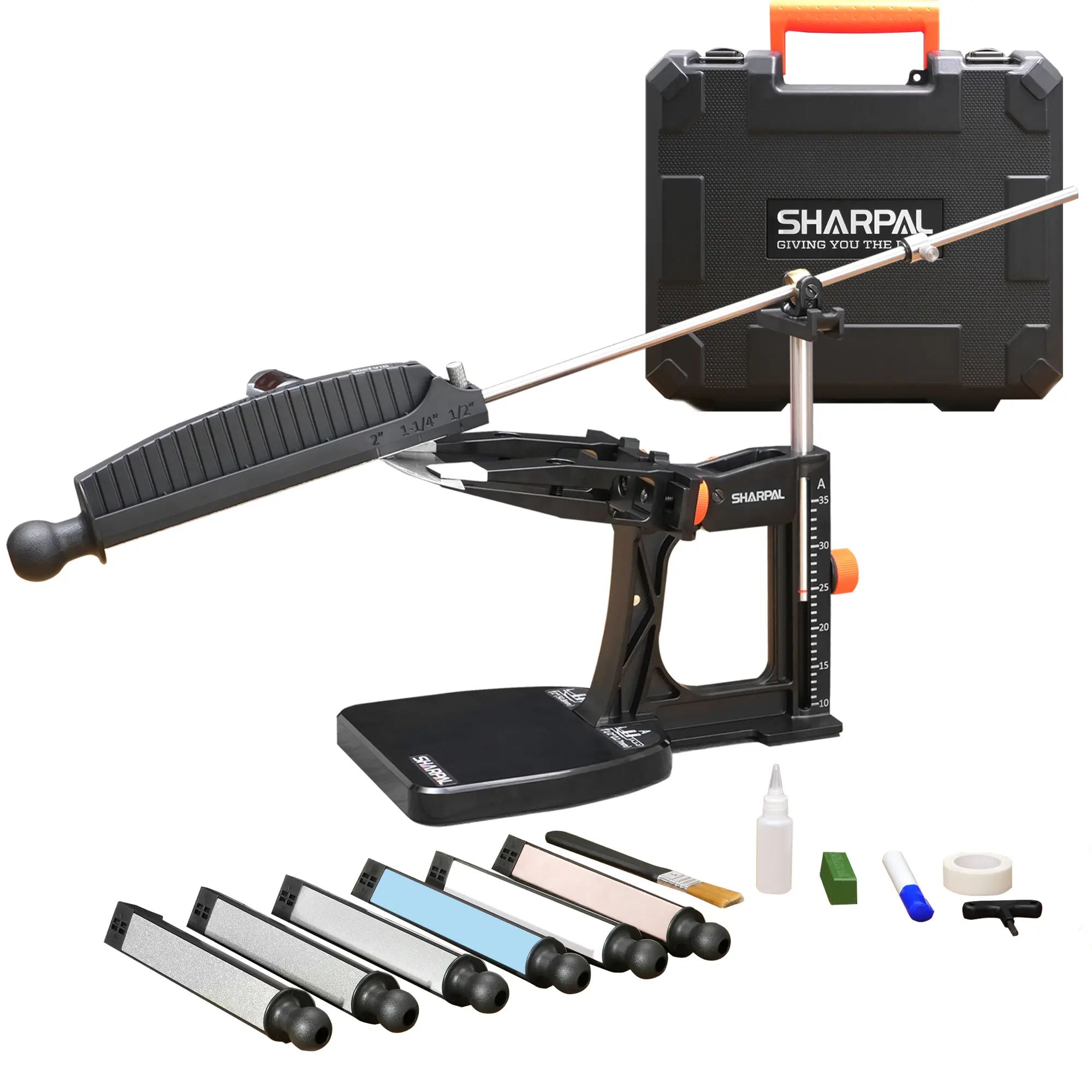 SHARPAL 202H Precision Knife Sharpening System–Adjustable Angle 10–35° Knife Sharpener Kit with 7 Abrasive Plates (Diamond 220/325/600/1000, Whetstone 3000/6000, Leather Strop) and Giftable Carry Case