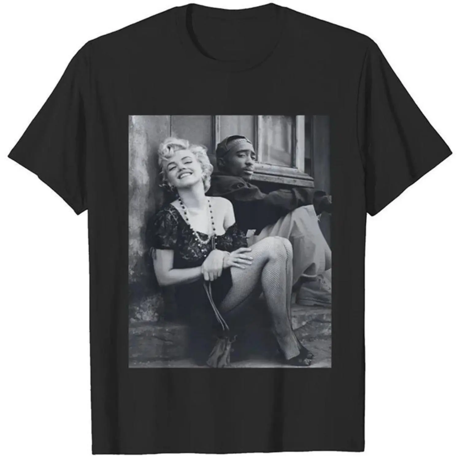 Men's Crew Neck Fitted Graphic T-Shirt - Marilyn Monroe & 2Pac Print, Black Cotton Unisex Fashion Apparel, Streetwear Casual Top, Machine Washable, Marilyn Monroe And 2Pac, Short, Broad American Frames, Shoulder Seams, Breathable, Sweat Wick