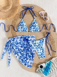 Women's Beach Vacation Starfish Print Halter Neckline Bikini Set with Matching Sheer Cover, Stylish Swimsuit for Summer Holidays, Halter Swim Top