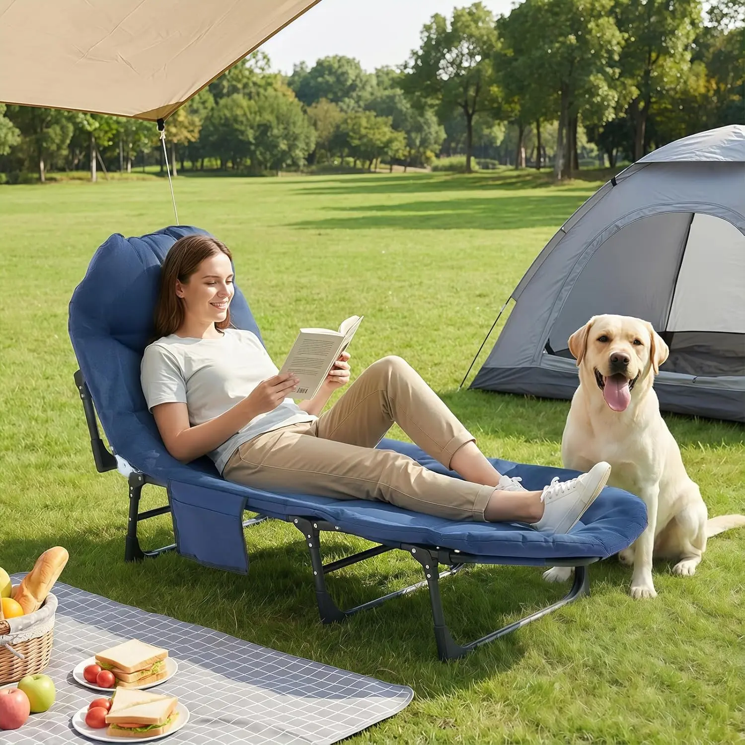 Adjustable Adult Folding Camping Cot with Mattress, 6-Position Reclining Portable Outdoor Bed, Lightweight with Carry Bag, 450 lbs Weight Capacity for Camping, Office & Indoor Use
